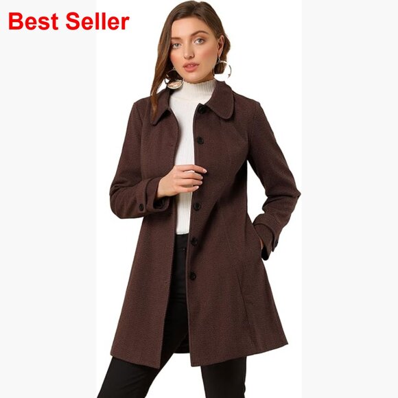 Polyester Pea Coat with Peter Pan Collar and Side Pockets
